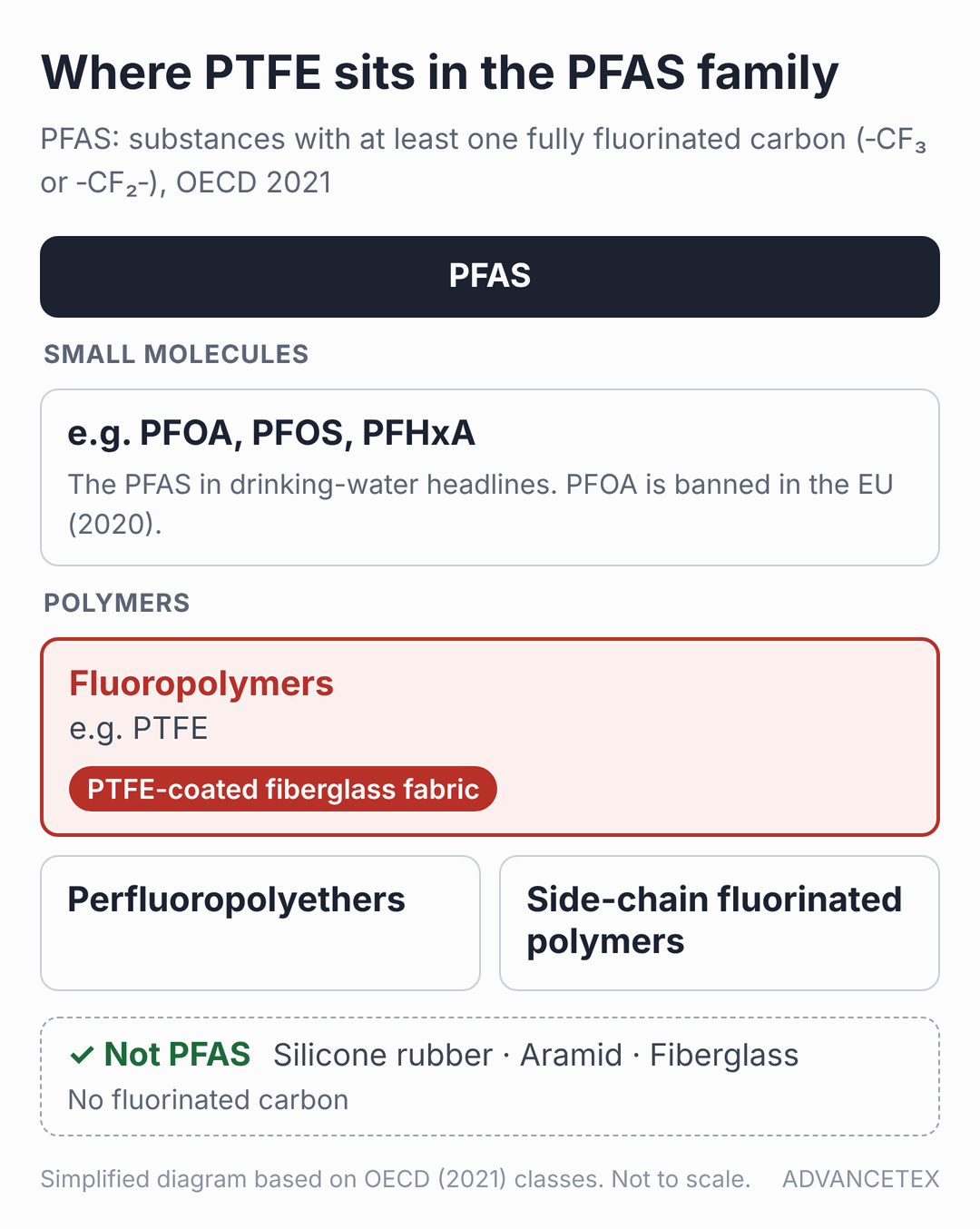 Diagram of the PFAS family showing PTFE among fluoropolymers, separate from small molecules such as PFOA, and silicone rubber outside PFAS